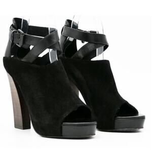 AllSaints Manifest Heels Suede Peep Toe Wrap Leather Strap Buckle Black 6